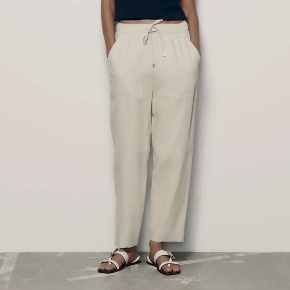 Zara Beige Oatmeal Linen Blend Tapered Leg High Rise Pants 25” Women’s Medium